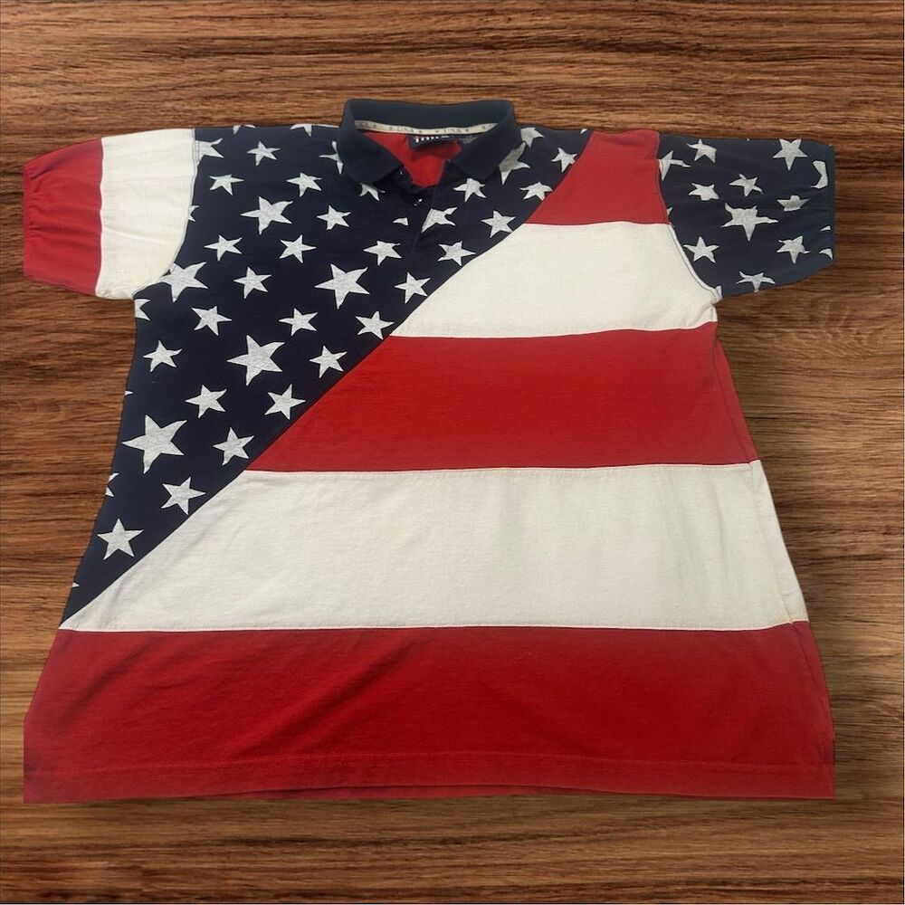 Time am Men's Vintage‎ Stars & Stripes Polo Shirt Size L Multicolor
